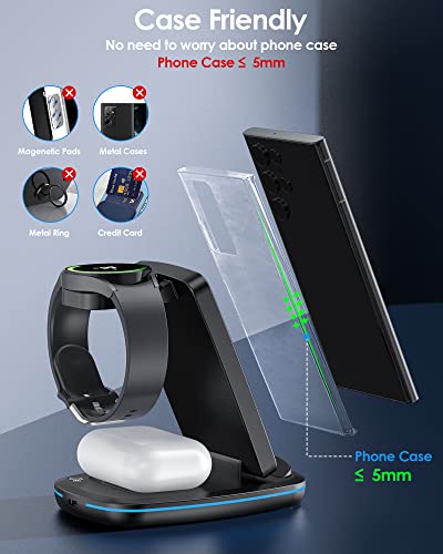 Wireless Charger 3 in 1, Foldable Fast Charging Station Compatible with Samsung Galaxy Watch 5 Pro/5/4/3/Active, S23 S23+ S22 S22+ S21 S20 Ultra FE/Note 20 10 9/ Z Flip Fold 4 3 2, Buds/2/Pro/Live