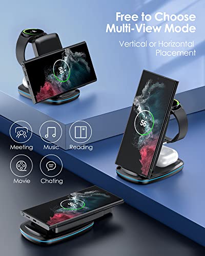 Wireless Charger 3 in 1, Foldable Fast Charging Station Compatible with Samsung Galaxy Watch 5 Pro/5/4/3/Active, S23 S23+ S22 S22+ S21 S20 Ultra FE/Note 20 10 9/ Z Flip Fold 4 3 2, Buds/2/Pro/Live