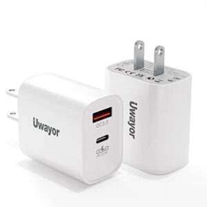 usb c wall charger, uwayor 2 pack 20w pd type c +quick charger 3.0 dual port faster charging block plug compatible with iphone 14/13/12/11 /pro max, xs/xr/x, ipad pro, airpods pro, samsung galaxy