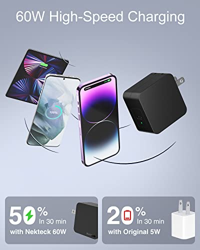 Nekteck 60W USB C Charger [GaN Tech], PD 3.0 Fast Charger[USB-IF & ETL Certified] with Foldable Plug, Compatible with MacBook Air/Pro, iPad Air/Pro, iPhone 13 Pro Max, Switch, Galaxy, Pixel and More.