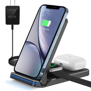 wireless charger, 3 in 1 15w fast charging dock stand for iphone 14/13/12/11/pro max/xs/xr/x/8 plus/8, compatible with apple watch series and airpods 3/2/pro with 18w adapter（black）