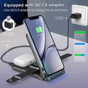 Wireless Charger, 3 in 1 15W Fast Charging Dock Stand for iPhone 14/13/12/11/Pro Max/XS/XR/X/8 Plus/8, Compatible with Apple Watch Series and AirPods 3/2/Pro with 18W Adapter（Black）