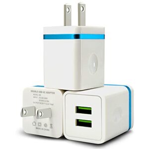 usb wall charger, cugunu 3-pack 2.1a/5v dual port usb plug power adapter charging block cube compatible with iphone 14/13/12/11 /pro max/x/8/7/6 plus, samsung, moto, kindle, android phone – blue