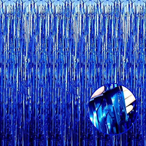 HalloweenDecorate 4 Pack Blue Foil Fringe Curtain Backdrop, 3.28Ftx8.2Ft Metallic Tinsel Streamers for Sea Party, Photo Booth Props, Birthday, 2022 Summer Ocean Theme Party Decoration Supplies