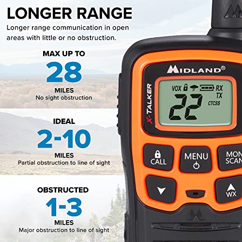 Midland - X-TALKER T51VP3, 22 Channel FRS Two-Way Radio - Extended Range Walkie Talkies, 38 Privacy Codes, NOAA Weather Alert (Pair Pack) (Black/Orange)