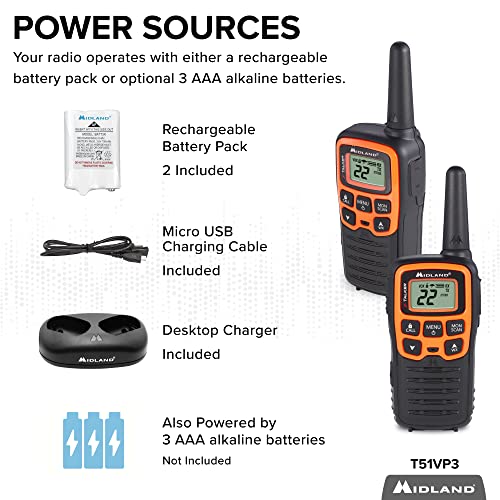 Midland - X-TALKER T51VP3, 22 Channel FRS Two-Way Radio - Extended Range Walkie Talkies, 38 Privacy Codes, NOAA Weather Alert (Pair Pack) (Black/Orange)