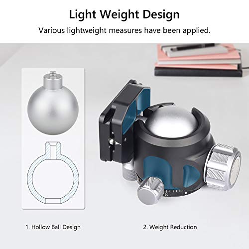 Low Profile Ball Head Tripod Mount Ball Head 52mm Diameter ARTCISE LB52 All Metal CNC Machining with Two 1/4" Quick Release Plates for Tripod, Monopod, DSLR, Camcorder，Max Load 66lbs /30kg