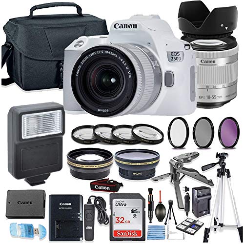 Canon EOS 250D (Rebel SL3) White DSLR Camera Bundle with Canon EF-S 18-55mm STM Lens + 32GB Sandisk Memory + Camera Case + Digital Flash + Accessory Bundle