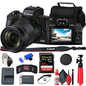 canon eos m50 mark ii mirrorless camera with ef-m 18-150mm is stm lens (4728c001), 64gb memory card, card reader, case, flex tripod, hand strap, cap keeper, memory wallet, cleaning kit (renewed)