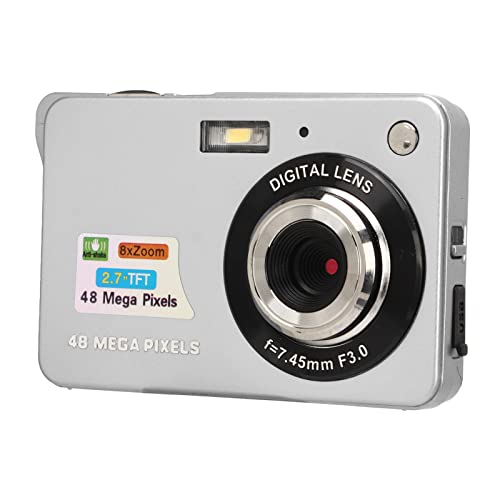 Digital Camera, 4K Ultra HD Mini Camera 48MP 2.7in Screen, USB Rechargeable, Compact Camera Pocket Camera with 8X Digital Zoom for Kid's Gifts (Silver)