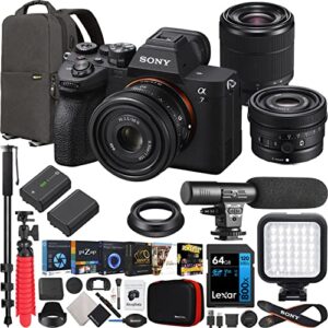 sony a7 iv full frame mirrorless camera body with 2 lens kit fe 50mm f2.5 g + 28-70mm f3.5-5.6 ilce-7m4k/b + sel50f25g bundle w/deco gear backpack + monopod + extra battery, led and accessories