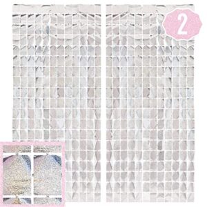 xo, fetti party decorations silver iridescent square foil curtain – set of 2 | new years eve 2023, bachelorette backdrop, wedding, square birthday photo booth