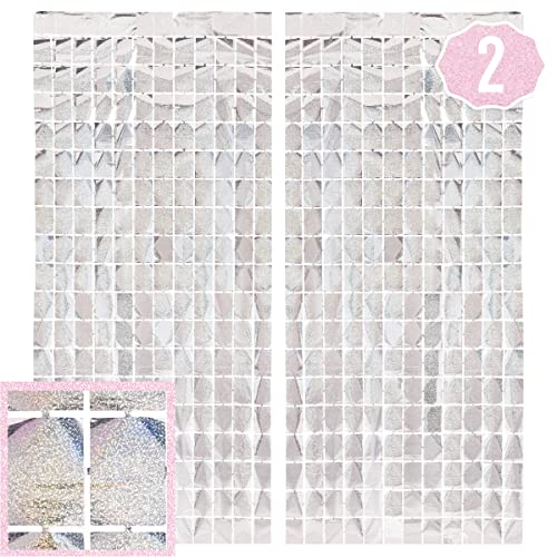 xo, Fetti Party Decorations Silver Iridescent Square Foil Curtain - Set of 2 | New Years Eve 2023, Bachelorette Backdrop, Wedding, Square Birthday Photo Booth