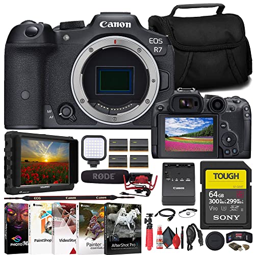 Canon EOS R7 Mirrorless Camera (5137C002) + 4K Monitor + Rode VideoMic + Sony 64GB Tough SD Card + Bag + Charger + 3 x LPE6 Battery + Card Reader + LED Light + Corel Photo Software + More (Renewed)