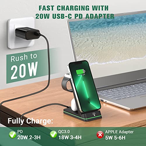 Charging Station for Apple Devices, 3 in 1 Wireless Charger Stand with 20W USB C Adapter Compatible with iPhone 14 13 12 11 Pro Max 8 XS XR, Fast Charging Stand Dock for Apple Watch Series & AirPods