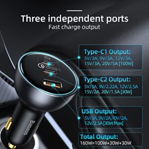 160W USB C Car Charger, Baseus Type C Car Charger, QC5.0 PD3.0 PPS 3 Ports Super Fast Charging Car Phone Charger Adapter for iPhone 14 13 12 Pro, Samsung S22 S21 iPad MacBook Pro Air Laptop Steam Deck