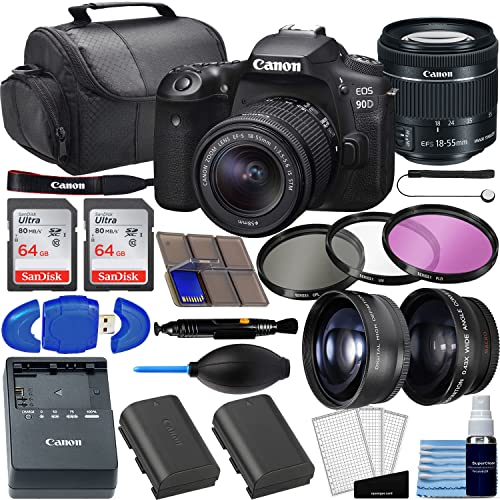 Camera EOS 90D DSLR Camera Bundle with EF-S 18-55mm f/4-5.6 is STM Lens + 2pc SanDisk 64GB Memory Cards + Wide Angle Lens + Telephoto Lens + 3pc Filter Kit + Deluxe Bag + Professional Kit