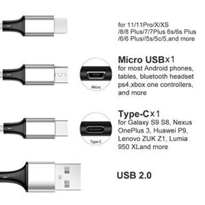 Multi Charging Cable, 5ft 3Pack Multi Charger Cable Nylon Braided Multiple USB Cable Universal 3 in 1 Charging Cord Adapter with Type-C, Micro USB Port Connectors for Cell Phones and More