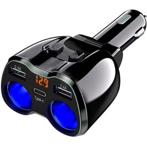 usb c car charger, 2 sockets cigarette lighter splitter 12/24v 80w dual usb type-c ports separate switch led voltage display built-in replaceable 10a fuse compatible mobile cell phone gps dash cam