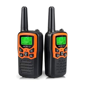 walkie talkies, moico long range walkie talkies for adults with 22 frs channels, family walkie talkie with led flashlight vox lcd display for hiking camping trip (orange 2 pack)