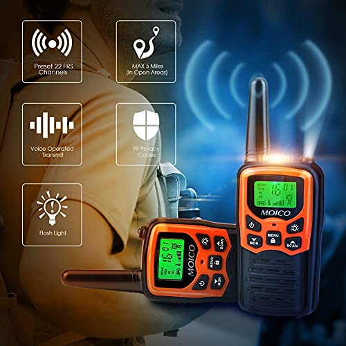 Walkie Talkies, MOICO Long Range Walkie Talkies for Adults with 22 FRS Channels, Family Walkie Talkie with LED Flashlight VOX LCD Display for Hiking Camping Trip (Orange 2 Pack)