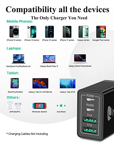 USB Wall Charger, 40W 4-Port Fast USB C Charger Block PD Power Adapter + QC USB A Wall Plug Multiport Type C Fast Charging Block Cube for iPhone 14 13 12 11 Pro Max XS XR X 8 7 SE Plus, iPad, Samsung