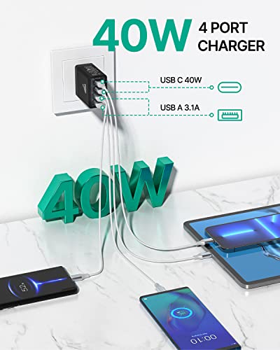 USB Wall Charger, 40W 4-Port Fast USB C Charger Block PD Power Adapter + QC USB A Wall Plug Multiport Type C Fast Charging Block Cube for iPhone 14 13 12 11 Pro Max XS XR X 8 7 SE Plus, iPad, Samsung