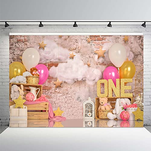 MEHOFOND 10x7ft Pink Gold Balloon Girl First Birthday Party Backdrops Sweet One Retro Brick Wall Cloud Gold Stars Photography Background Portrait Photo Studio Decoration Banner Props for Cake Smash