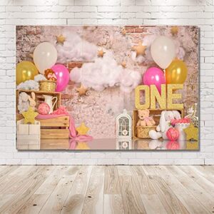 MEHOFOND 10x7ft Pink Gold Balloon Girl First Birthday Party Backdrops Sweet One Retro Brick Wall Cloud Gold Stars Photography Background Portrait Photo Studio Decoration Banner Props for Cake Smash