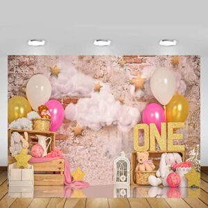 MEHOFOND 10x7ft Pink Gold Balloon Girl First Birthday Party Backdrops Sweet One Retro Brick Wall Cloud Gold Stars Photography Background Portrait Photo Studio Decoration Banner Props for Cake Smash