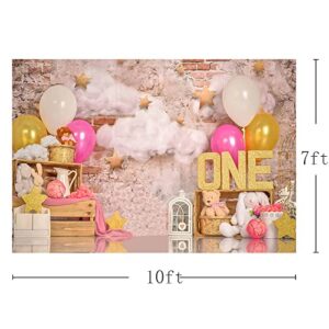 MEHOFOND 10x7ft Pink Gold Balloon Girl First Birthday Party Backdrops Sweet One Retro Brick Wall Cloud Gold Stars Photography Background Portrait Photo Studio Decoration Banner Props for Cake Smash