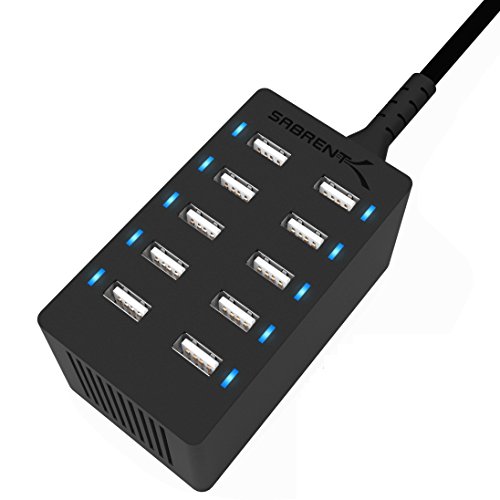 SABRENT 60 Watt (12 Amp) 10 Port [UL Certified] Family Sized Desktop USB Rapid Charger. Smart USB Ports with Auto Detect Technology [Black] (AX-TPCS)