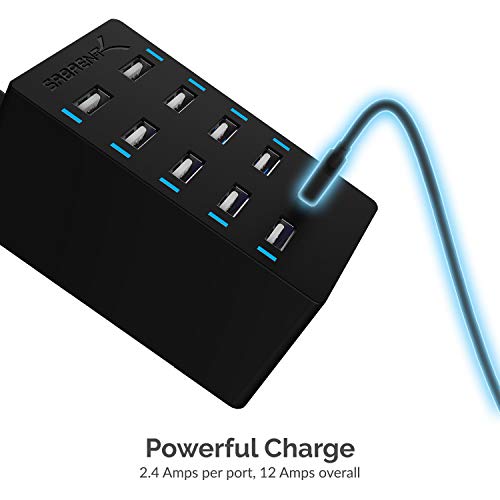 SABRENT 60 Watt (12 Amp) 10 Port [UL Certified] Family Sized Desktop USB Rapid Charger. Smart USB Ports with Auto Detect Technology [Black] (AX-TPCS)