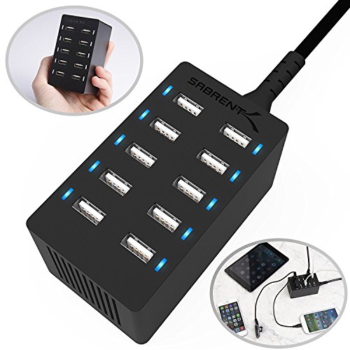 SABRENT 60 Watt (12 Amp) 10 Port [UL Certified] Family Sized Desktop USB Rapid Charger. Smart USB Ports with Auto Detect Technology [Black] (AX-TPCS)