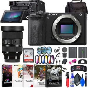 sony a6600 mirrorless camera (ilce6600/b) + sigma 24-70mm f/2.8 lens (578965) + filter kit + color filter kit + bag + np-fz100 compatible battery + 64gb card + card reader + more