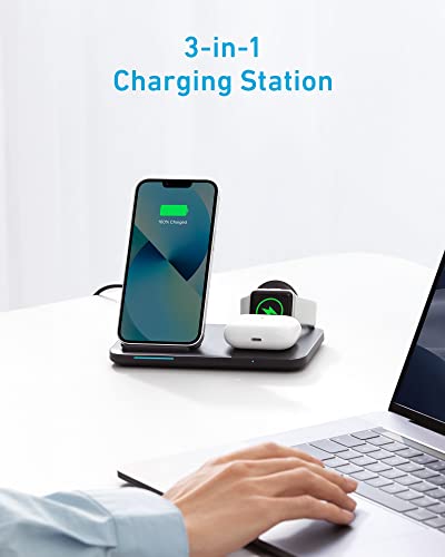 Anker Foldable 3-in-1 Wireless Charging Station with Adapter, 335 Wireless Charger, for iPhone 14 Series, AirPods Pro, Apple Watch Series 1-6 (Works with Original 1m/3.3ft USB-A Cable, Not Included)