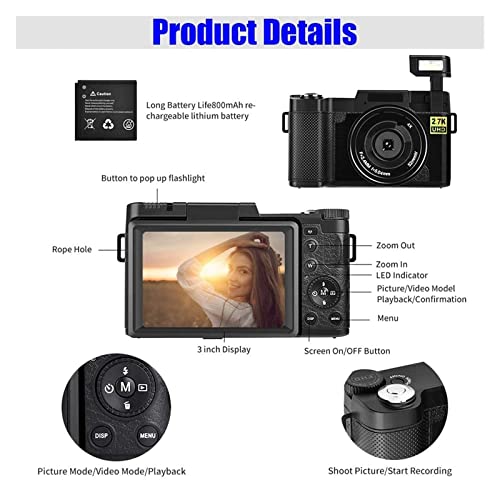 Camera Full HD 2.7K Digital Camera with Retractable Flash 3inch Photographic Camera 4X Zoom Professional EIS Video Cam for Digital Camera (Color : Black Standard)