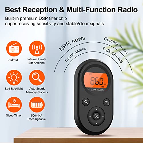 AM FM Portable Radio,Personal Pocket Radio Rechargeable with Best Reception,Long Battery Life,Stereo Earphone,Small Digital Transistor Radios for Hiking,Walking,Jogging