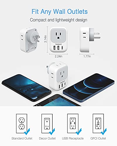 USB Wall Charger, USB Plug Adapter Outlet Extender, TESSAN 3 USB Hub (1 USB C Port), Multi Charging Station for Cruise, Bathroom, Office, Dorm Essentials