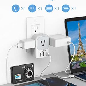 USB Wall Charger, USB Plug Adapter Outlet Extender, TESSAN 3 USB Hub (1 USB C Port), Multi Charging Station for Cruise, Bathroom, Office, Dorm Essentials