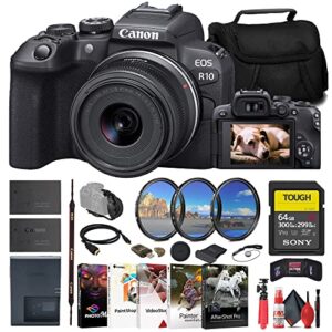 canon eos r10 mirrorless camera with 18-45mm lens (5331c009) + sony 64gb tough sd card + filter kit + bag + charger + lpe17 battery + card reader + corel photo software + hdmi cable + more (renewed)