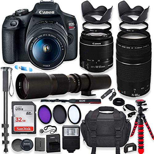 Canon EOS Rebel T7 DSLR Camera with 18-55mm is II Lens & Canon EF 75-300mm f/4-5.6 III Lens Bundle + 500mm Preset Lens + 32GB Memory + Filters + Commander Optics Accessory Professional Bundle