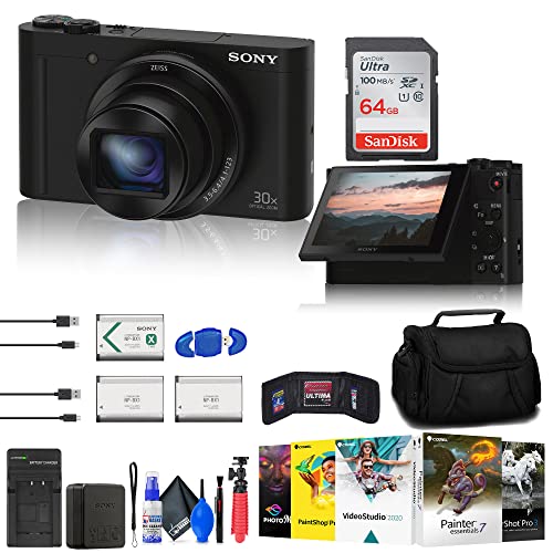 Sony Cyber-Shot DSC-WX500 Digital Camera (Black) (DSCWX500/B) + 64GB Memory Card + Case + 2 x NP-BX1 Battery + Card Reader + Corel Photo Software + Charger + Flex Tripod + Micro USB Cable + More