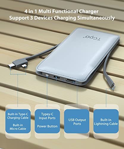 TG90° Portable Charger with Built in Cable, 10000mah Power Bank Portable Charger Type C USB C Cell Phone Thin Slim Lightweight Travel Tiny 5V Backup Battery Pack for iPhone Samsung Android iPad