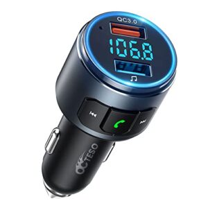 octeso upgraded v5.0 fm bluetooth transmitter car, qc3.0 & led backlit wireless bluetooth fm radio adapter music player/car kit with hands-free calls, siri google assistant