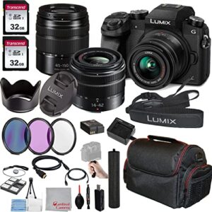 panasonic lumix g7 mirrorless camera with 14-42mm and 45-150mm lenses (black)- 64gb memory, case, filters, grip, and more (30pc bundle)