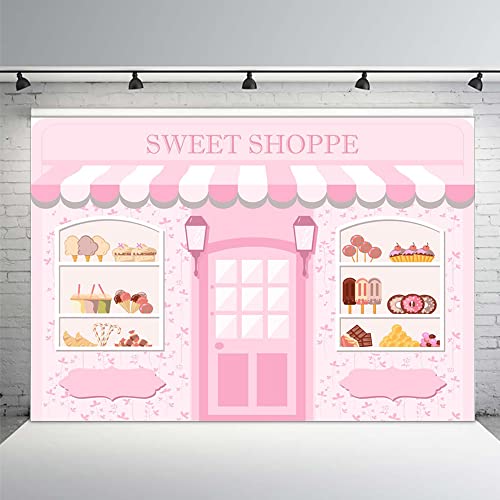 MEHOFOND Pink Sweet Shoppe Backdrop Dessert Parlor for Girls Birthday Photography Background Kids Party Banner Baby Shower Donut Ice Cream Cake Table Decor Photoshoot Studio Props 7x5ft