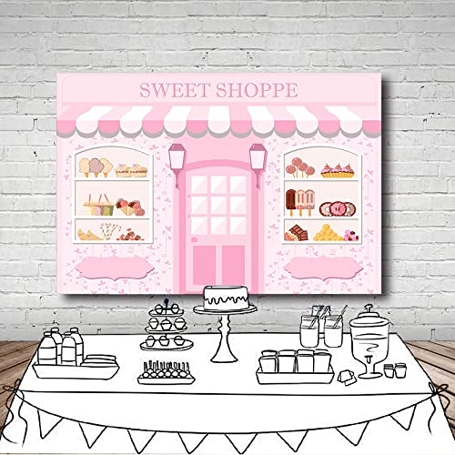 MEHOFOND Pink Sweet Shoppe Backdrop Dessert Parlor for Girls Birthday Photography Background Kids Party Banner Baby Shower Donut Ice Cream Cake Table Decor Photoshoot Studio Props 7x5ft