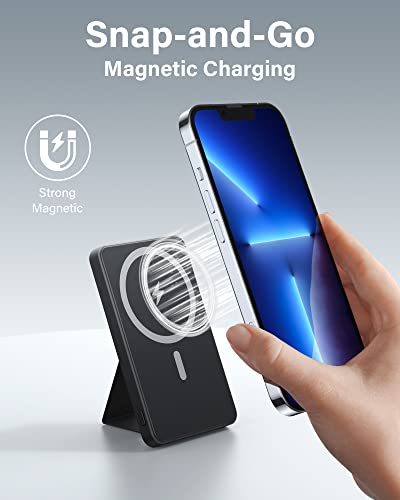 Fokimdo Magnetic Wireless Power Bank, Ultra-Thin 5000mAh Portable Charger Power Bank with Foldable Stand, Mag-Safe Battery Pack 5V/3A USB-C Output Input for iPhone 14/13/12 Series