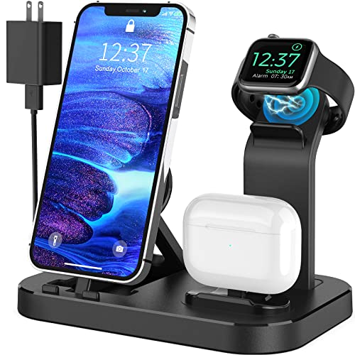 Charging Station for Multiple Devices Apple, 3 in 1 Charging Station for iPhone/iWatch/AirPods, 15W Fast Charging Dock Compatible with Apple Watch Series 7/6/5/SE/4/3/2/1 with Block & Cable, Black